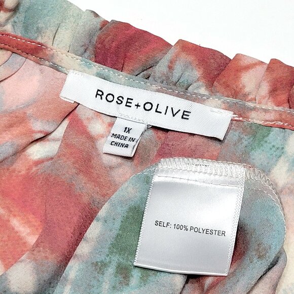 Rose & Olive Womens Flutter Short Sleeve Top Size 1X Tassel Neck Tie Dye Pastel - Picture 8 of 9